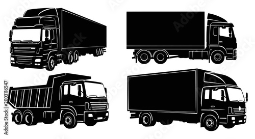 Truck silhouettes a collection of four different commercial vehicle designs in black and white