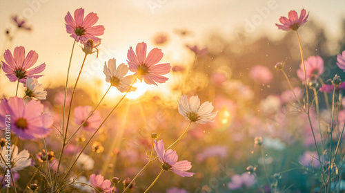 Photos Picturesque field of vibrant cosmos flowers gently swaying in the breeze, beautifully backlit by the warm