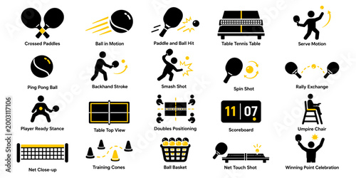table tennis icon set with paddle, ball and match action symbol, ping pong sport