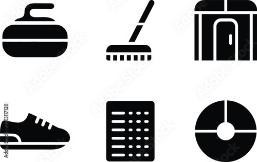 Collection of black sport and leisure icons including a curling stone broom shoe house chart and list isolated on transparent background