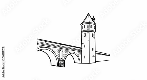 A stone bridge with an arched span leads to a fortified tower on a white background