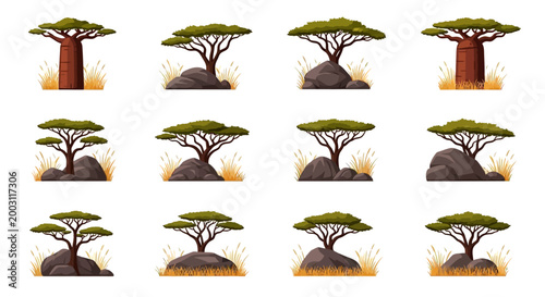 Quadro em tela A collection of twelve digital illustrations depicting stylized savanna trees in