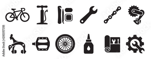 A collection of black silhouette icons representing various bicycle maintenance and repair tools, including a bike, pump, chain, wrench, and toolkit, on a white background.