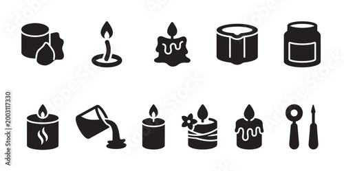 A black and white icon set depicting various stages and elements of candle making, including wax, wicks, melting wax, pouring, and finished candles.