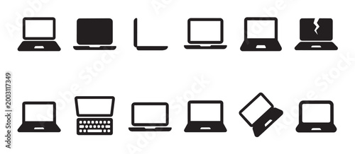 Collection of diverse black laptop icons, showing various angles, states, and one with a cracked screen on a white background, useful for technology concepts.