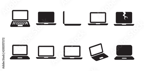 A graphic collection of black laptop icons showcasing various angles, views, and one damaged screen, set against a white background for versatile design use.