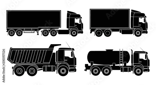 Truck silhouettes collection diverse transport vehicles in black and white