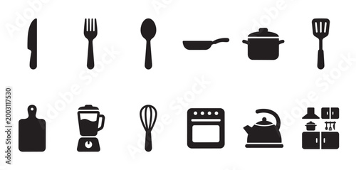 A black and white vector icon set depicting essential kitchen utensils and appliances, perfect for design projects related to food and cooking.