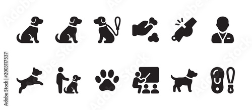A set of black vector icons depicting various aspects of dog care, including grooming, training, veterinary care, and playful activities, on a white background.