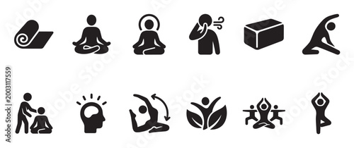 A collection of black yoga and meditation icons on a white background, representing fitness, wellness, and mental health activities.
