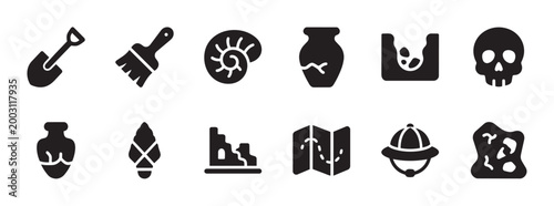 Collection of black silhouette icons representing archaeology, including tools, ancient artifacts, a skull, a map, and a pith helmet on a white background.