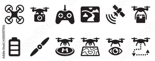 A collection of black vector icons representing various aspects of drone technology including flight, delivery, control, and surveillance.