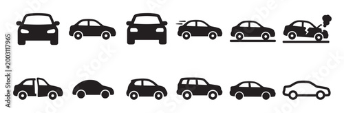 Collection of black car icons illustrating different vehicle types, motion, and a car accident, ideal for transport and automotive concepts.