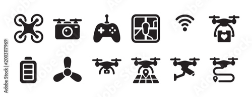 This collection of black icons features various drone-related elements like drones, a controller, camera, battery, propeller, map, and Wi-Fi symbol, ideal for tech and logistics themes.