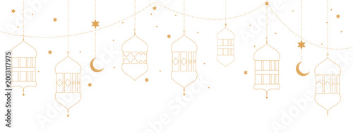 Arabic traditional Ramadan Kareem eastern lanterns garland. Muslim ornamental hanging golden lanterns, stars and moon vector illustration set. Islamic oriental style garland on a transparent