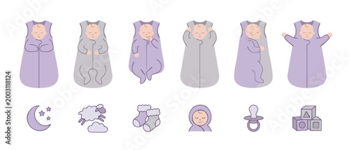 Baby sleeping bag icon set, swaddle sack poses for infant safety and bedtime routine illustration with moon and toys, vector flat graphic design elements for nursery decor and parenting guide material