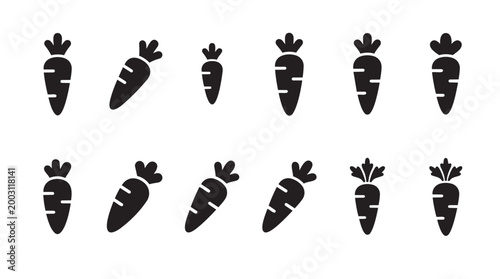 A graphic design featuring a collection of black carrot icons with leafy tops arranged in a grid on a clean white background, representing freshness and healthy eating.