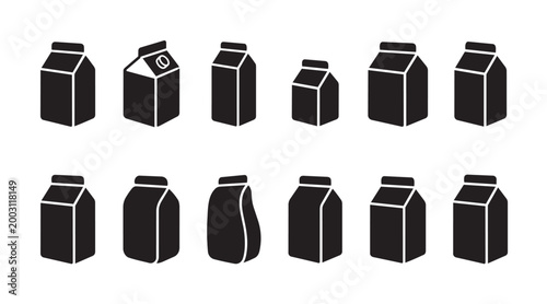 A collection of black graphic icons representing various milk cartons and beverage containers in a clean, modern, and minimalist style on a white background.