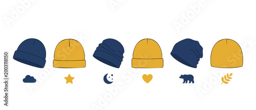 Beanie hat icon set collection, winter headwear design elements, blue and yellow knit caps with cute nature symbols, flat vector illustration for clothing fashion branding, casual accessories isolated