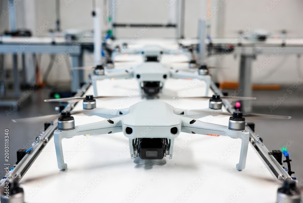 Fototapeta premium Drone assembly line with quadcopter on conveyor belt. Automated manufacturing process of modern unmanned aerial vehicle. High tech electronic production facility for robotics industry.