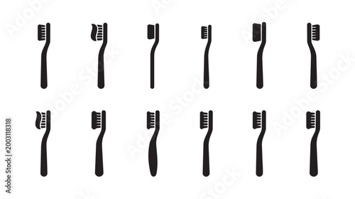 A collection of black silhouette icons representing toothbrushes arranged in two rows against a clean white background.