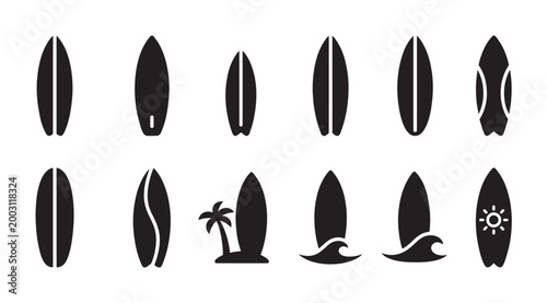 A collection of black silhouette icons featuring various surfboard designs including plain boards, wave graphics, a palm tree, and a sun emblem.
