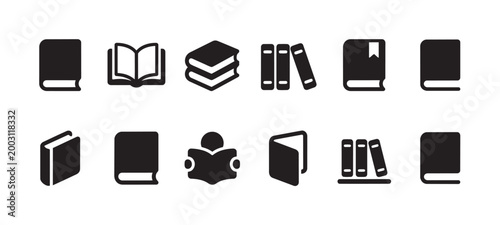 A diverse collection of black silhouette icons representing various book forms and reading activities, ideal for educational or literary themes.
