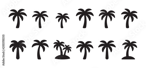 A collection of simple black silhouettes of various palm trees arranged in two rows against a clean white background, ideal for summer and travel concepts.