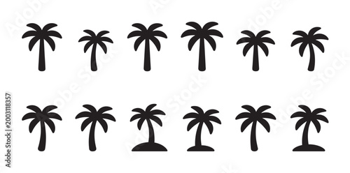 Collection of twelve black palm tree silhouettes in two rows against a clean white background, perfect for tropical design elements and summer themes.