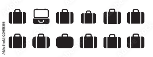 A clean, graphic collection of black suitcase icons in various styles and sizes, perfect for travel, business, or organizational themes.