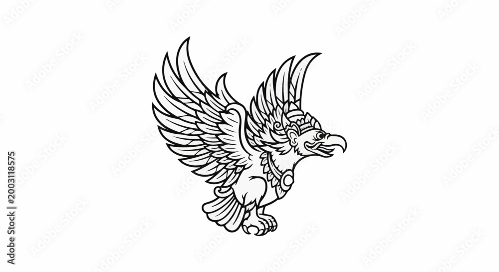 Obraz premium Detailed line art of a mythical winged creature with ornate head adornments