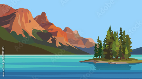 This vibrant illustration showcases a beautiful natural landscape with mountains, trees, and a calm lake, representing tranquility and the beauty of nature.
