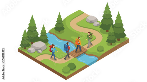 This vivid illustration depicts a scenic hiking trail surrounded by lush trees and a flowing stream, capturing the essence of outdoor adventure and nature's beauty.