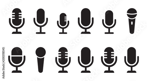 A collection of black microphone icons in various styles and sizes arranged in two rows on a white background, representing audio recording and broadcasting.