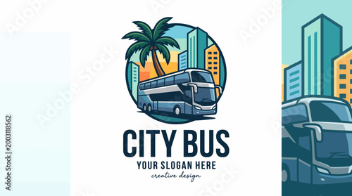This vibrant city bus illustration features a stylish double-decker bus set against a backdrop of colorful skyscrapers and palm trees, creating a lively urban scene.