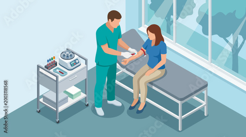In a clinical setting, a healthcare professional is depicted taking a blood sample from a patient, emphasizing the importance of medical tests and patient care in healthcare.