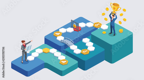 This engaging illustration depicts a business journey with a professional leading towards success, showcasing strategies, achievements, and motivation in a visual way.