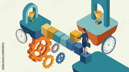 This image illustrates a creative representation of teamwork and progress, featuring a person navigating a bridge made of blocks and gears towards success.