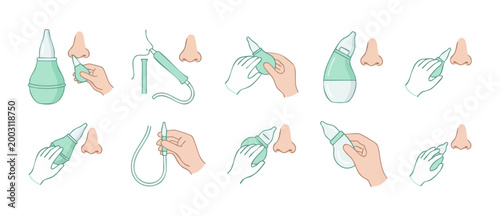 Nasal Aspirator Baby Usage Instructions Set - Manual Suction Tool for Infant Congestion Relief, Medical Device Application Icons for Parents, Hygienic Breathing Healthcare Equipment Illustration Isola