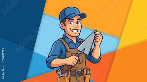 A cheerful construction worker is showcasing his tools, ready for tasks ahead. Perfect for representing the theme of hard work and dedication in the construction industry.