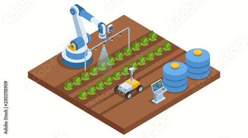 The scene illustrates advanced agricultural technology featuring robots and automated systems working on crops, illustrating the future of sustainable farming and innovation.