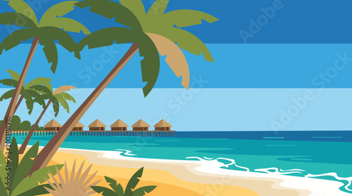 This vibrant beach scene showcases golden sands, swaying palm trees, and gentle ocean waves, evoking a feeling of paradise and vacation relaxation by the sea.