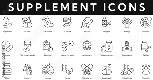 Supplement icon collection contains vitamin, capsule, dropper, energy, nutrition, dosage, protein, minerals, side effect, calcium, herbal, molecule. Editable stroke vector illustration icon set