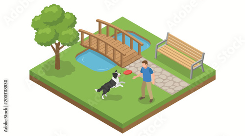 A delightful scene of a dog playing fetch with its owner in a tranquil park, highlighting the joy of companionship and outdoor leisure activities.