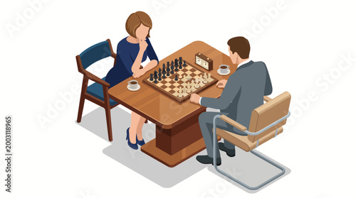 A strategic chess match takes place between two focused players, highlighting the competition and mental challenge inherent to the game of chess in a cozy setting.