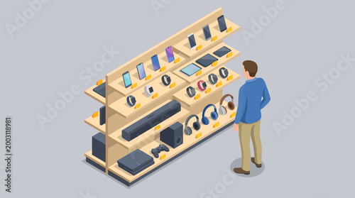 A well-organized shelf in an electronics store featuring modern gadgets and technology, inviting customers to explore exciting devices for everyday use and connectivity.