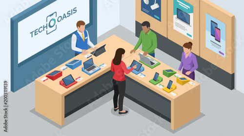 An engaging tech store layout with customers exploring various gadgets, exemplifying the modern shopping experience for technology enthusiasts and consumers alike.