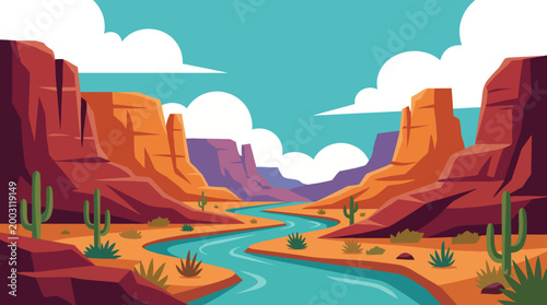 Photos This vibrant illustration captures the essence of a serene desert canyon with a flowing river, cacti, and majestic rock formations under a bright sky