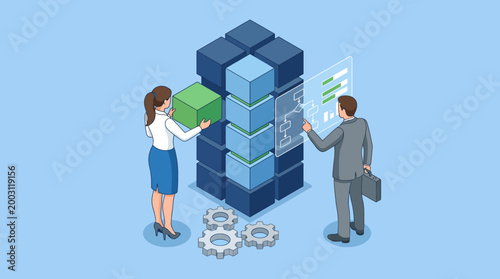 Two professionals working together assembling blocks of data, highlighting teamwork and collaboration in the fast-paced world of technology and data management.