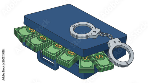 A striking image of a briefcase filled with cash, chained with handcuffs, symbolizing themes of crime, wealth, and the consequences of illegal activities in a bold artistic style.